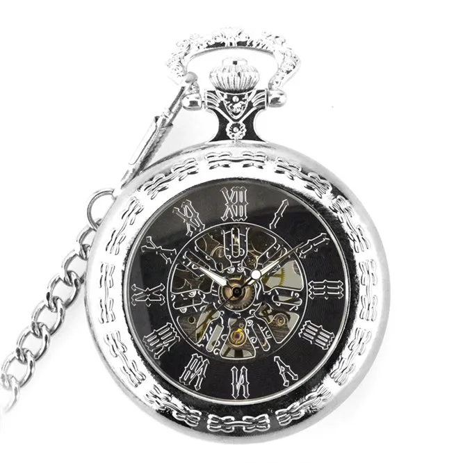 Luxury Fashion Steampunk Hand Winding Mechanical Pocket Watch Roman Numerals Skeleton Watches with FOB Chain for Men Women - Цвет: silver
