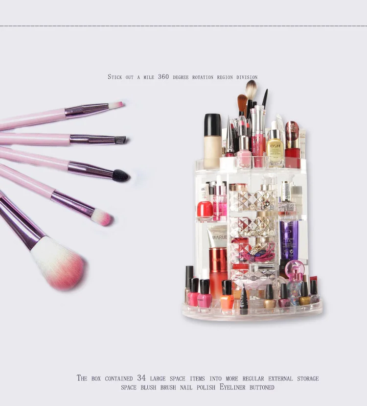 NEW 360-degree Rotating Drawer Makeup Storage Box Brush Holder Jewelry Organizer Case Transparent Acrylic Cosmetic Organizer Box