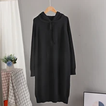 

2021 Hooded Women Long Knit Sweater Dress Autumn Winter Warm Straight Dress Loose Casual Pullover Tunic Dresses Femme Pull