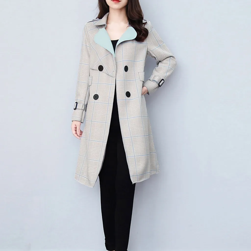 Manteau femme женское клетчатое длинное пальто с длинными рукавами и отложным воротником на пуговицах, ветровка, темпераментное пальто, женское пальто