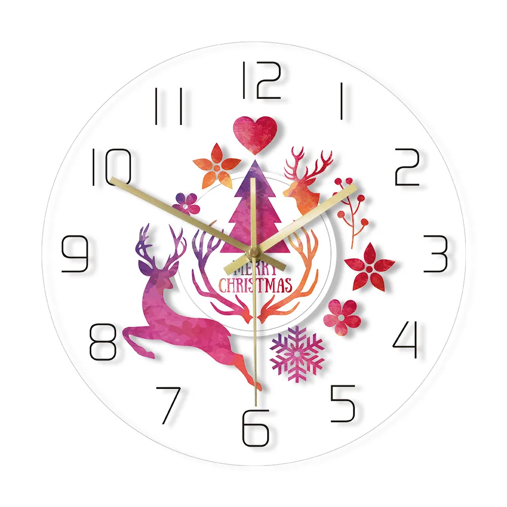 

Merry Christmas Watercolor Deer Painting Print Modern Simple Wall Clock Holiday Hanging Timepiece Wall Watch New Year Home Decor