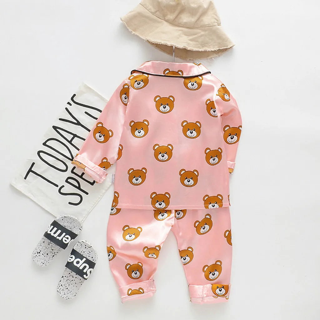 Летний детский Пижамный костюм Шелковый пижамный комплект для девочек, одежда для сна с короткими рукавами, атласная Домашняя одежда с рисунком для малышей Детские пижамные комплекты
