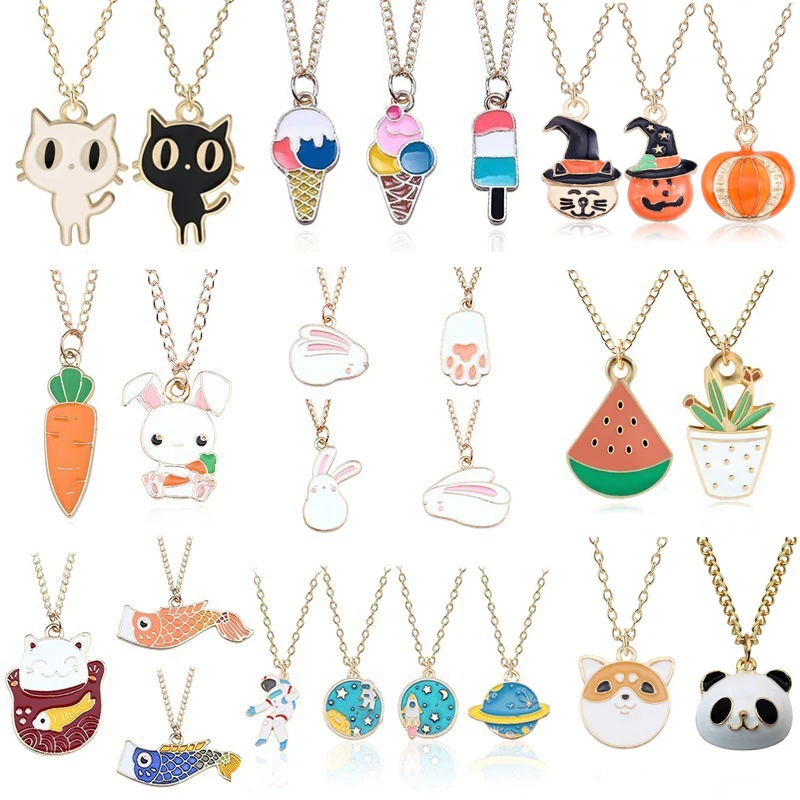 Heart Necklace Pendants Planet Kids Jewelry Mermaid Animal Girls Rabbit Women Enamel