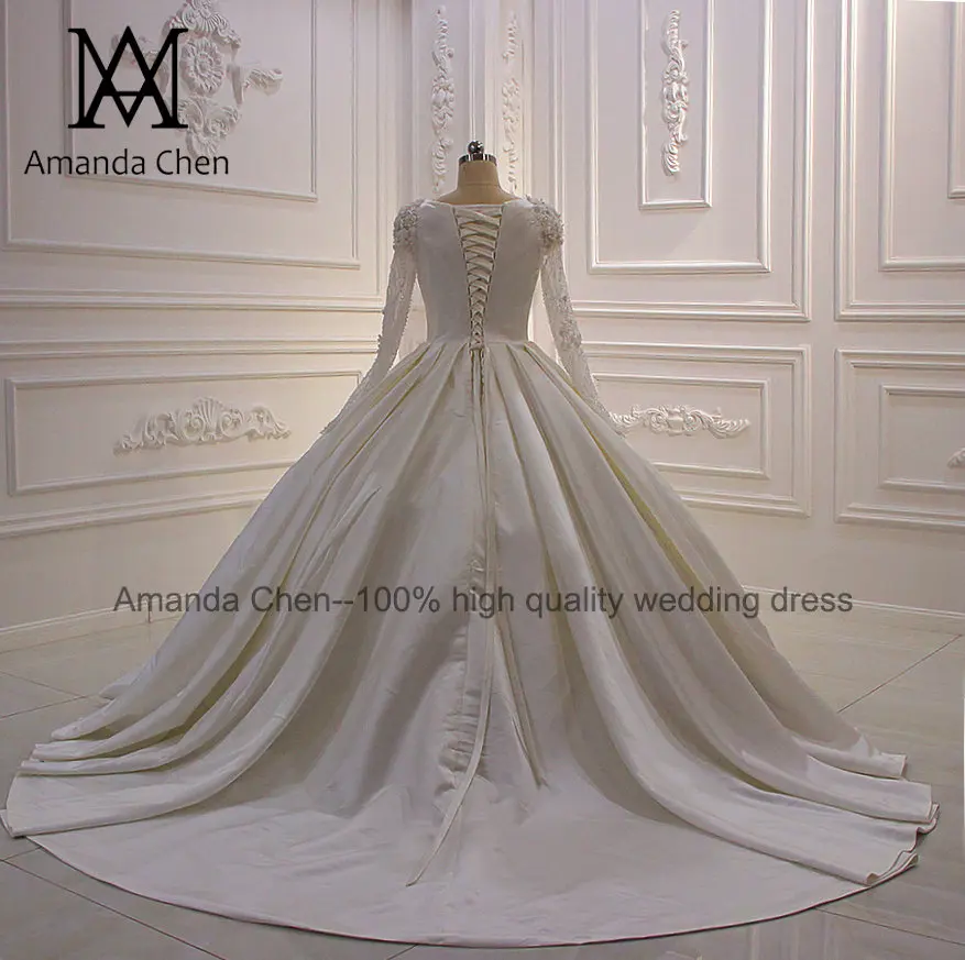 Robe mariee Кристалл Атласное мусульманское с длинным рукавом свадебное платье