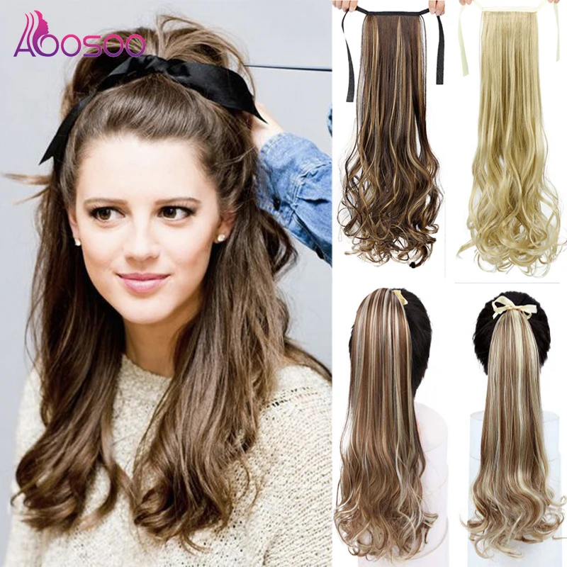 Gran oferta AOOSOO-Extensión de cabello largo ondulado, coleta sintética, extensiones de horquilla de peluca, peluca natural, pelo sintético, negro natural jYQOMLBLDaW