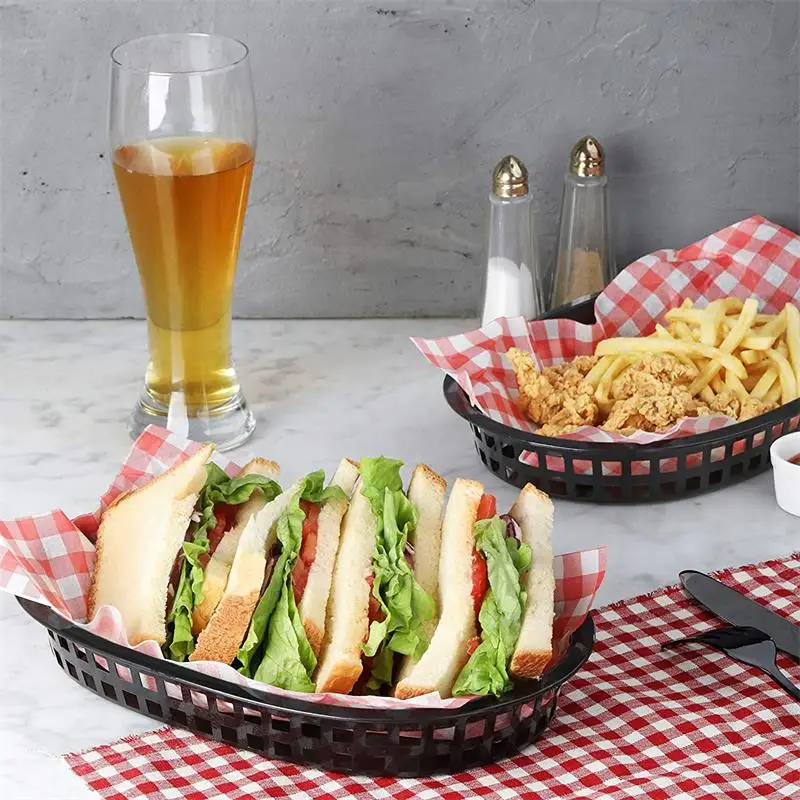 12-24pcs Large Red Plastic Serving Platter Fast Food Tray Red Black Dozen Restaurant Hot Dog Basket set 10.5'' Bar Cafe Supply