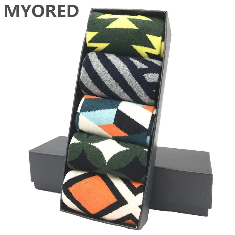 MYORED, новинка, 5 пара/лот, мужские хлопковые носки, Классические повседневные носки в деловом стиле, Мужские модельные носки с геометрическим рисунком, вечерние носки в подарок