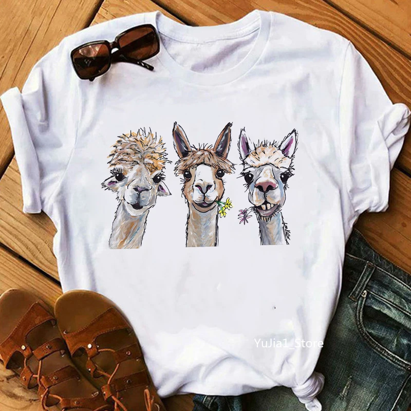 Camiseta harajuku kawaii Alpacas para mujer, camisetas divertidas de animales, top blanco de camiseta informal para mujer| Camisetas| AliExpress