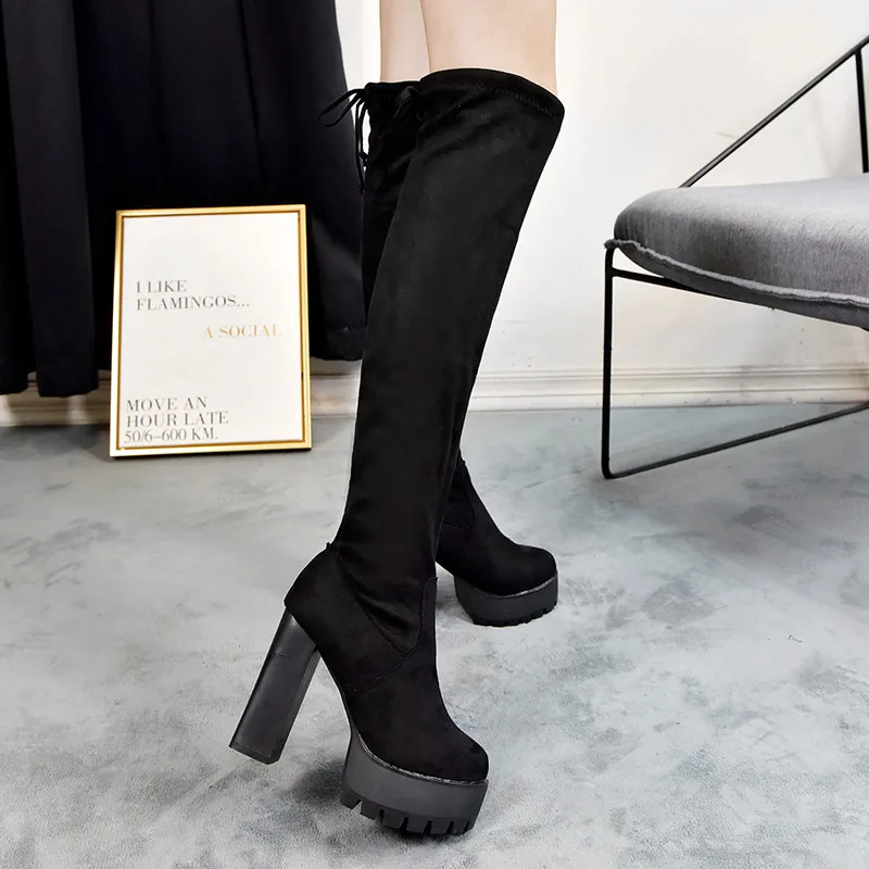 Square Chunky Block High Heels Riding Boots Women Slip On Thick Platform Rock Punk Botas Mujer Over the Knee High Boots Shoes