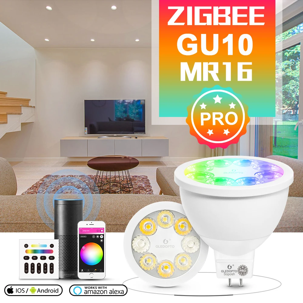 

GLEDOTPO Zigbee 3.0 Pro Smart Bulb GU10 MR16 4W RGB+CCT 2.4G Rf Wireless Remote Control Smart Home Automation