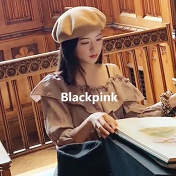 

kpop Blackpink Jisoo same New Womens winter warm Khaki Hat Beret Female Woolen Cotton Blend British style Hats lady fashion Caps