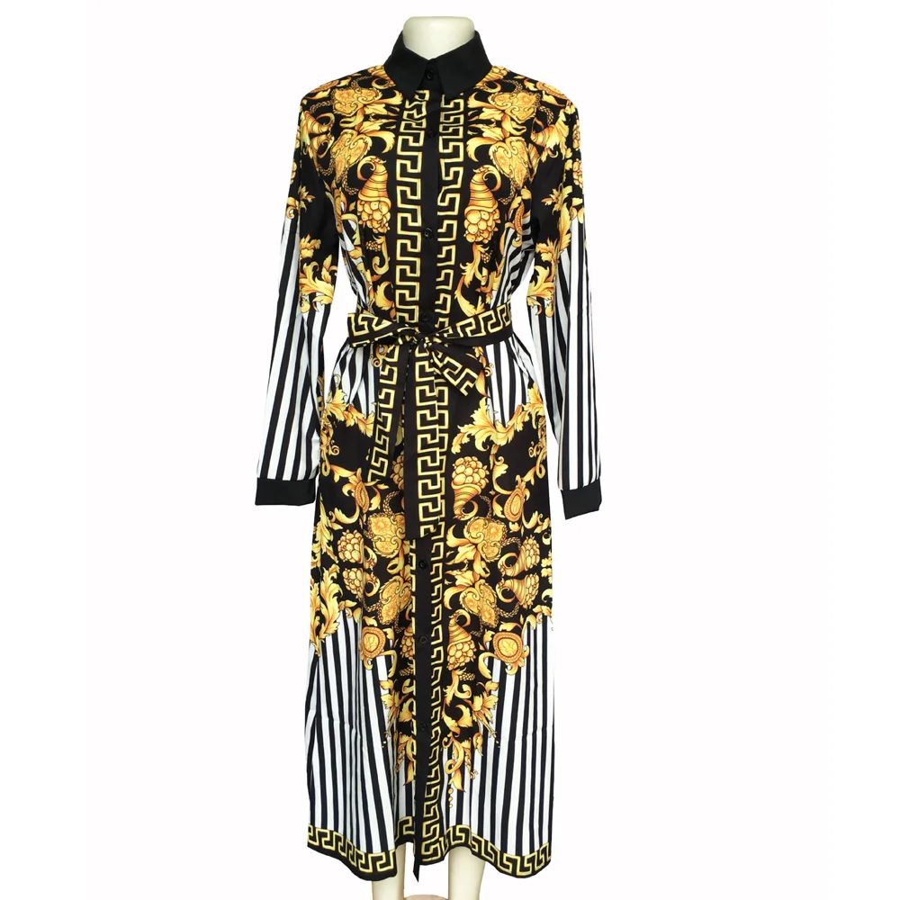 2019 Autumn Winter Women Fashion Blue Striped Loose Long Dresses Casual Mid-Calf Sleeve Beach Maxi Dress Belted vestidos | Женская