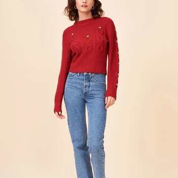 

Autumn and winter women's sweater casual solid color flower embroidery round neck long sleeve sweater