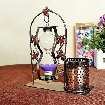 

2 in 1 metal hourglass pen holder European style retro ornament timer home decoration bedroom desk decoration couple gift