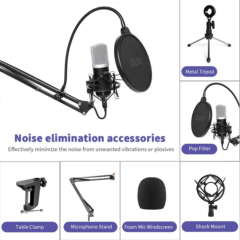 UHURU USB Microphone Kit 192kHz/24Bit Professional Podcast Condenser Mikrofon With Two Mic Holders for YouTube Gaming ASMR