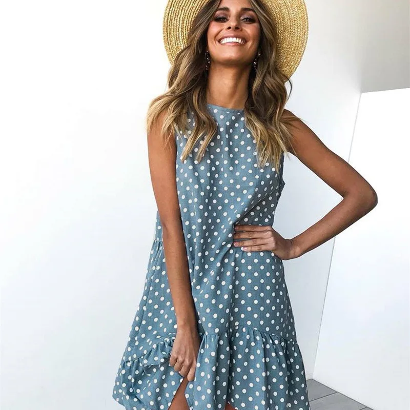 Women Dress Party Dot Office Lady Sleeveless Ruffles Short Maxi Dresses for Elegant Casual Plus Size | Женская одежда