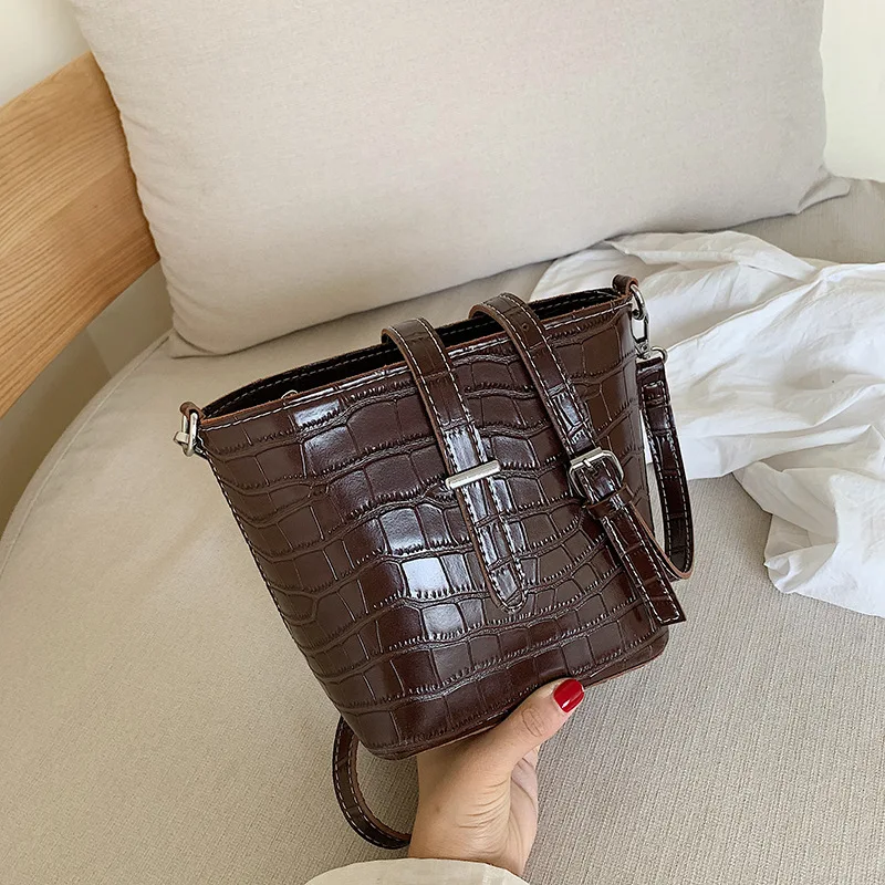 

New Arrival Bag Women's 2019 New Style Fashion Korean-style Versatile Stone Pattern Shoulder Bag Simple Textured Bucket Shoulder