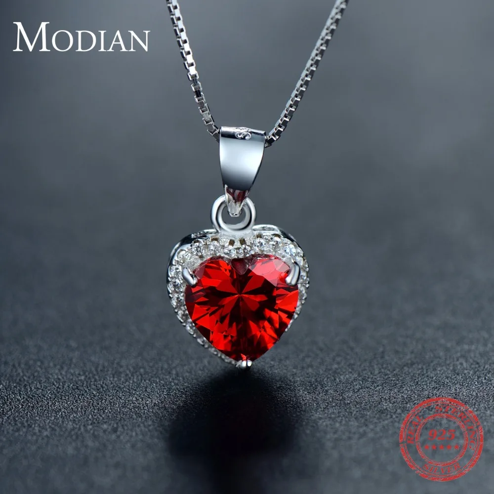 Modian luxury Fashion Real 925 Sterling Silver Hearts Pendant Red Heart Clear Crystal Classic Wedding Chain Jewelry For Women