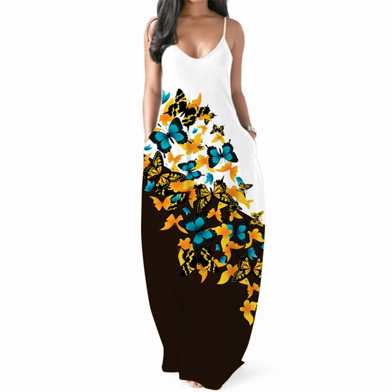 Butterfly Printed Sexy Strap Dress 2021 Robe Casual Long