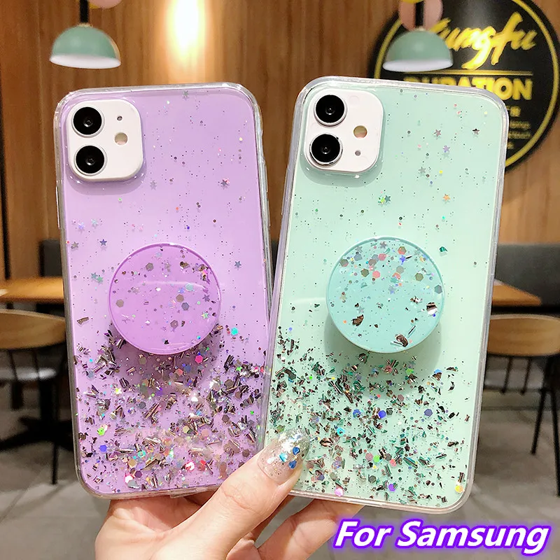 Блестящий чехол для Samsung Galaxy A51 A71 A81 A91 A21S A01 A31 A41 A50 A11 A20E A30 A40 A70 A8 A9 2018 с подставкой |