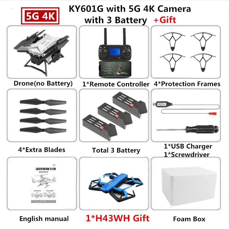 Радиоуправляемый Дрон KY601G gps Квадрокоптер с 5G 4K HD камерой 2000 м Дистанция управления Pro Selfie Follow Me Квадрокоптер игрушка VS E520S - Цвет: W3 4K Cam Foam Box