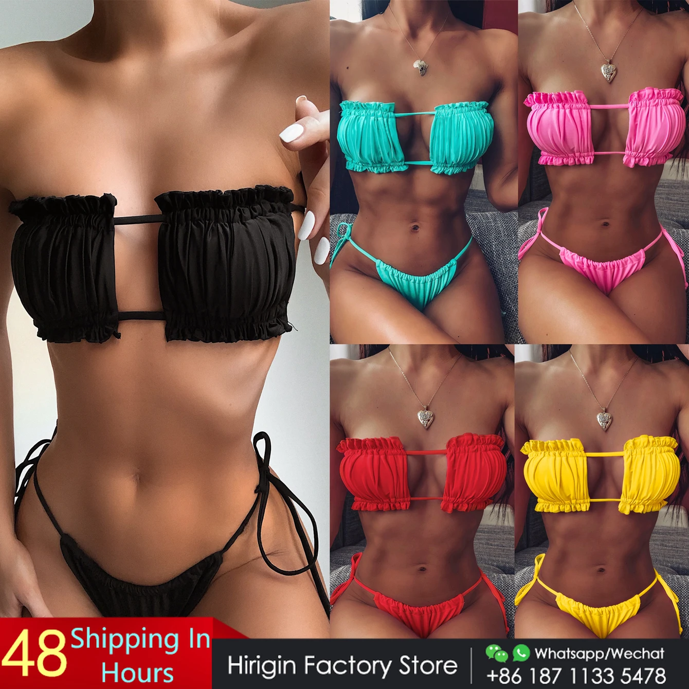 Hirigin-Bikini femenino vendaje con volantes y tirantes, traje de baño acolchado de realce, Color puro, 2020