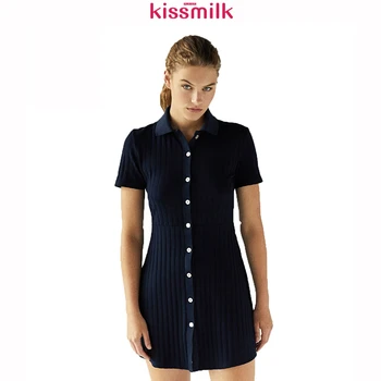 

Kissmilk Plus Size Winter Simple Sweet College Wind Slim Waist Short Sleeve Multi-button Large Size Solid color Dress For Female