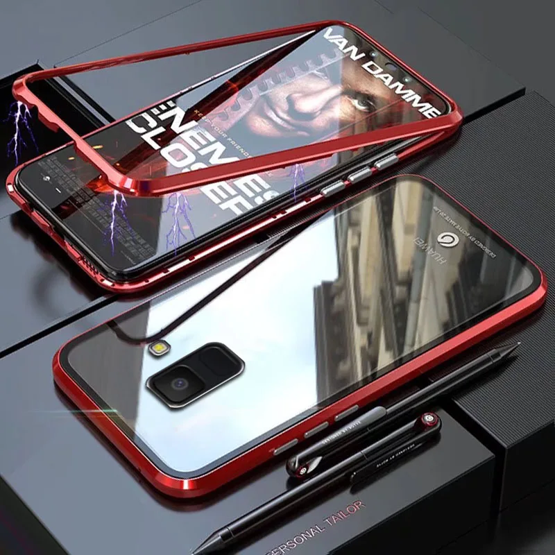 

Coque cover Case For Samsung galaxy A8 Plus A8Plus 2018 magnetic Frame Hard Metal Bumper Single sided phone Back Covers