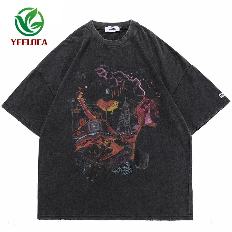 Hip Hop Oversize Washed T-Shirt Streetwear Harajuku Ripped Graphic Printed T Shirt 2021 Men Spring Summer Short Sleeve Tshirt