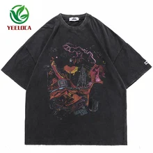 Hip Hop Oversize Washed T-Shirt Streetwear Harajuku Ripped Graphic Printed T Shirt 2021 Men Spring Summer Short Sleeve Tshirt