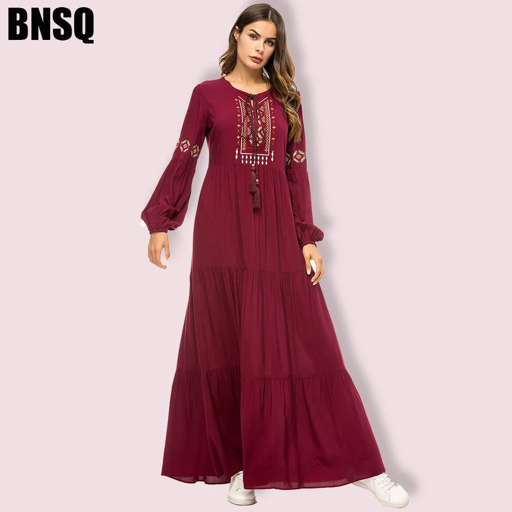 BNSQ модное простое платье с вышивкой мусульманское абайя свободное Макси платье