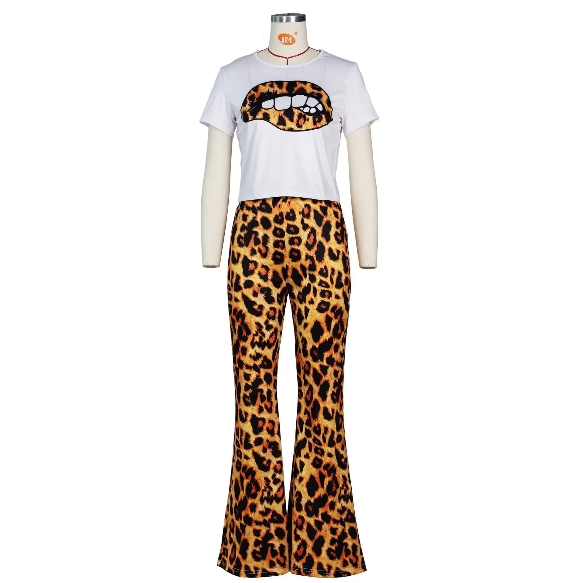 Модные комплекты с расклешенными вставками; повседневные топы с принтом губ; рубашка с леопардовым принтом; комплект с расклешенными брюками; брюки с высокой талией; комплект из двух предметов для женщин - Цвет: Цвет: желтый