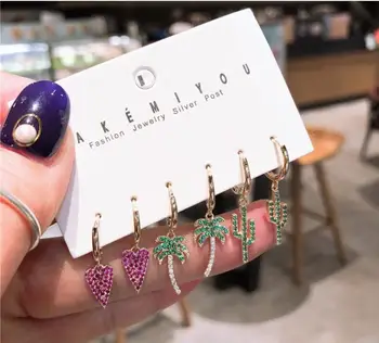 

women Cute Micro Inlay Love Coconut Tree Cactus 6-Piece Wild Tropical Stud Earrings cooper