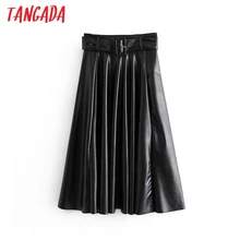 Tangada Женская юбка миди из искусственной кожи Винтажная с поясом однотонная женская офисная Дамская элегантная шикарное миди юбки 6A295