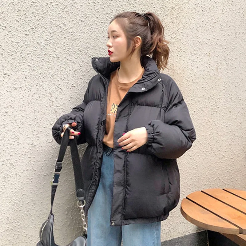 

Cotton Coat Women's 2019 New Style Winter Students Hong Kong Style Loose Thick down Coat Fashion Casual Black And White with Pat