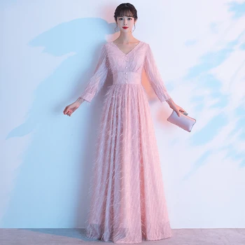 

AE656 Elegant Pink V Neck Long Evening Dress with Long Sleeve Zipper Floor-Length Formal Gowns Sexy New Party Dresses