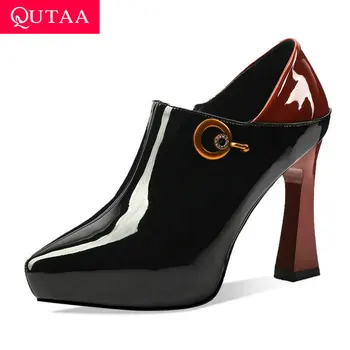 

QUTAA 2020 PU Leather Mixed Color Ankle Boots Hoof High Heel Zipper Ladies Shoes Pointed Toe Platform Women Pumps Big Size 34-43