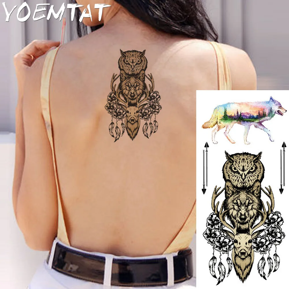 татуировки временные тату 1 шт Фэнтези Цвет Сова волк Горячие Большие Животные