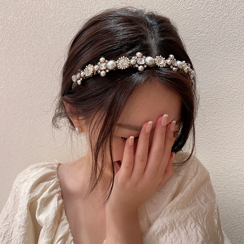 

MENGJIQIAO Korean Luxury Vintage Crystal Flower Hairbands For Women Girls Elegant Pearl Headwrap Hair Accessories Jewelry