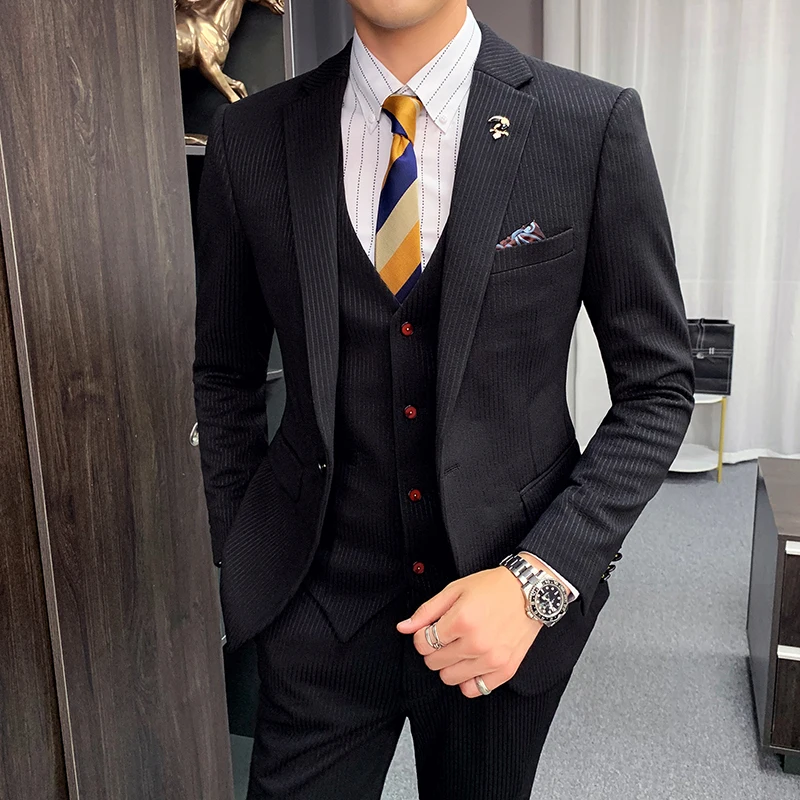Plyesxale Slim Fit черный красный темно-синий свадебные костюмы для мужчин роскошный костюм в полоску из трех частей мужские осенние костюмы Формальные Q893