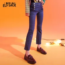 ELFSACK, синие, одноцветные, с эффектом потертости, с высокой талией, расклешенные, женские брюки,, зимние, чистые, двубортные, обтягивающие, офисные, женские, базовые брюки