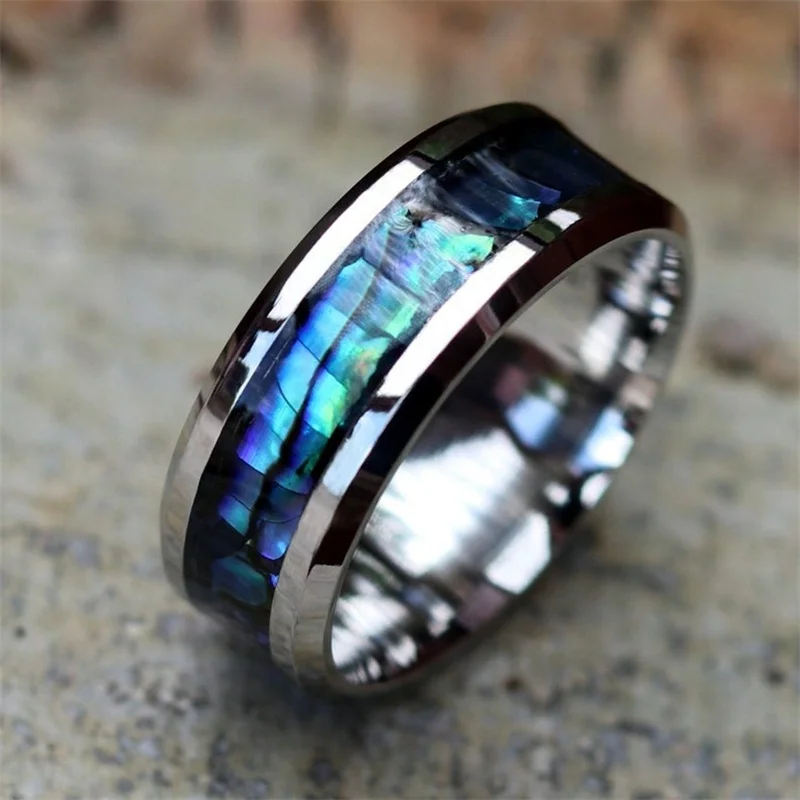 8mm Titanium Steel Fashion Men Rings Inlaid Abalone Shell Wedding Band Men Jewelry For Women Unisex Accessories wedding rings finger rings fashion rings titanium steel rings