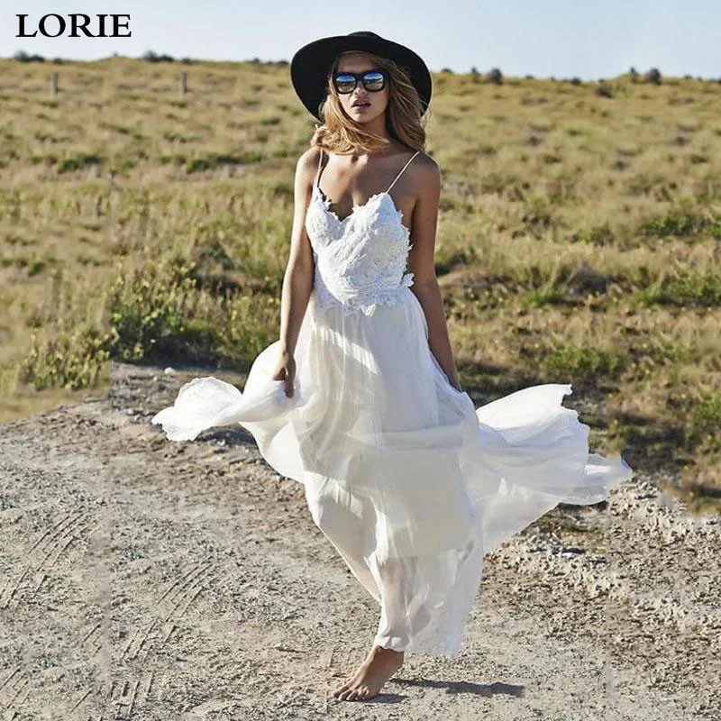 

Свадебное платье LORIE в стиле бохо, кружевное шифоновое платье-трапеция на бретелях-спагетти с открытой спиной, блестящее платье невесты 2019