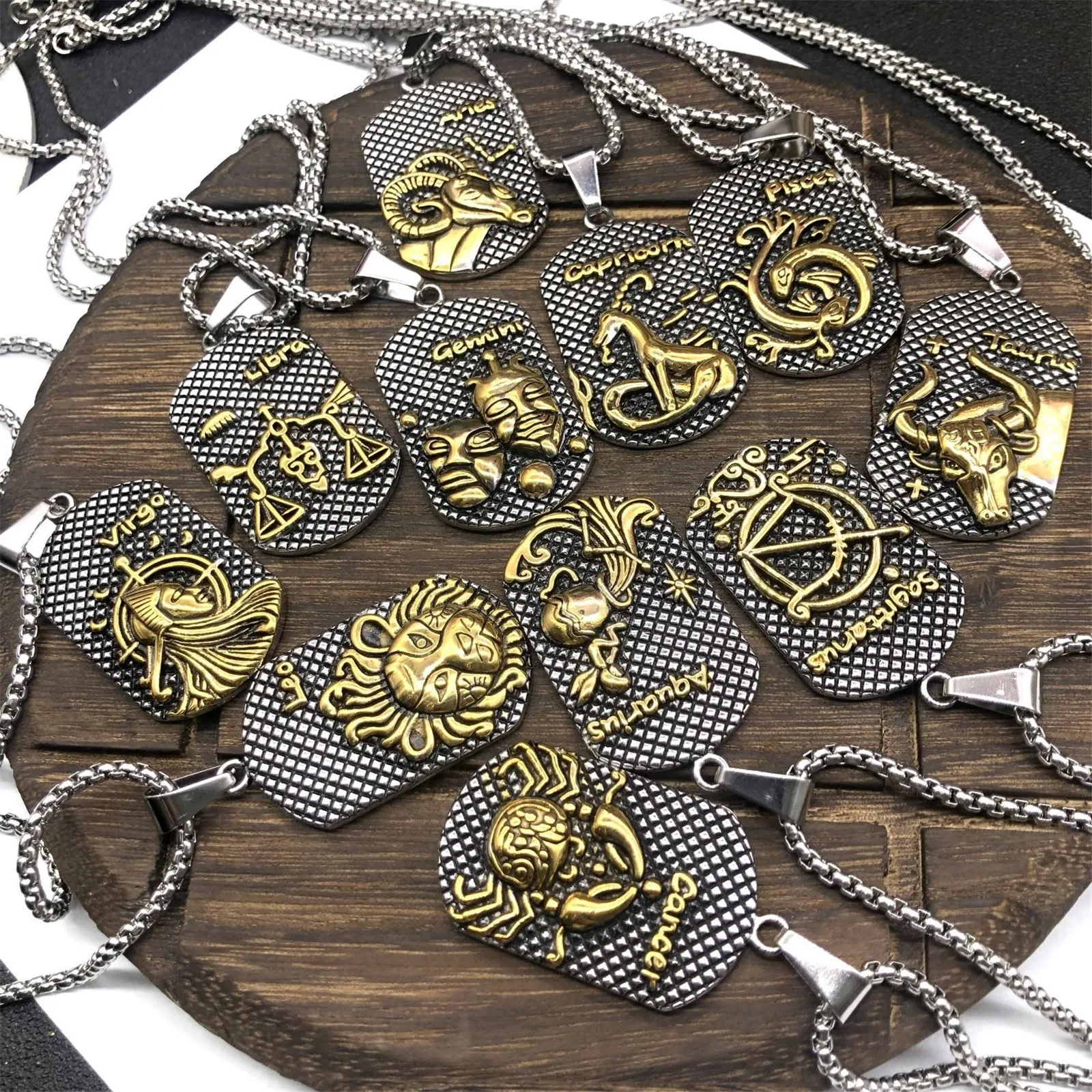 Zodiac Sign Pendant Twelve Constellations Stainless Steel Necklace for Men and Women Retro Vintage Punk Astrology Jewelry