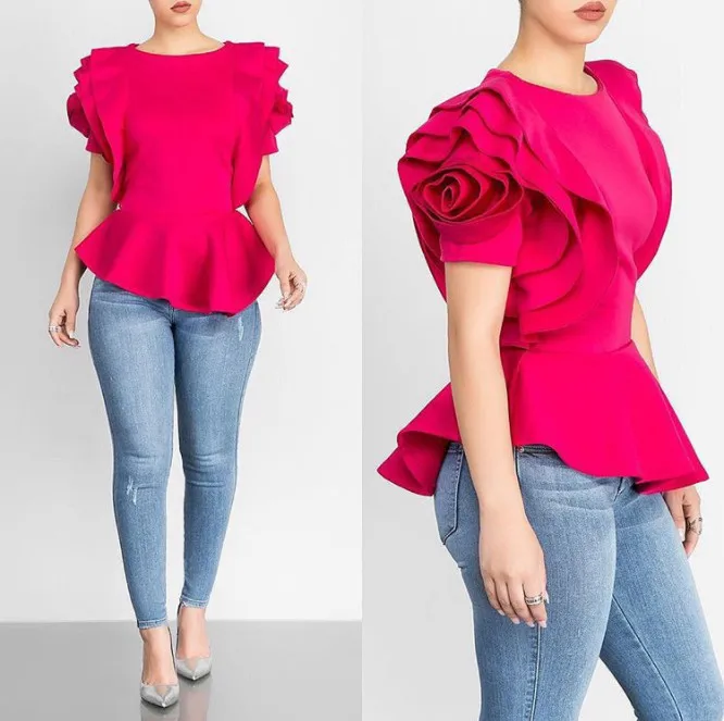 2XL Lady Blouse Tops Shirt Layers Petal Sleeves Elegant Fashion Spring Summe Rose Red Blue Black White Bluas Ruffles Classy | Женская