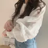 Women Blouses 2020 spring See-through Sheer Mesh Blouse Long Sleeve Shirt Tops Tee Shirts White Bloust O-neck Tops 1