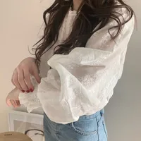 Women Blouses 2020 spring See-through Sheer Mesh Blouse Long Sleeve Shirt Tops Tee Shirts White Bloust O-neck Tops 1