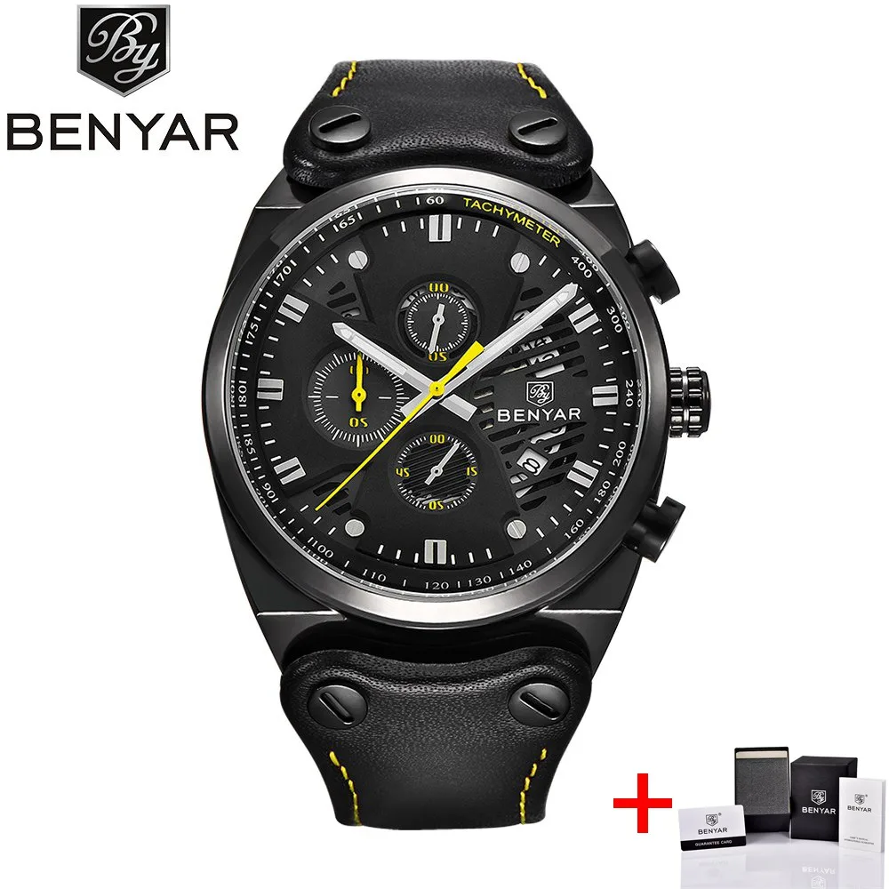 black black yellow BENYAR спортивные часы с большим циферблатом, мужские водонепроницаемые уличные военные часы с хронографом, кварцевые часы с кожаным ремешком, армейские мужские часы, мужские часы - Цвет: black black yellow