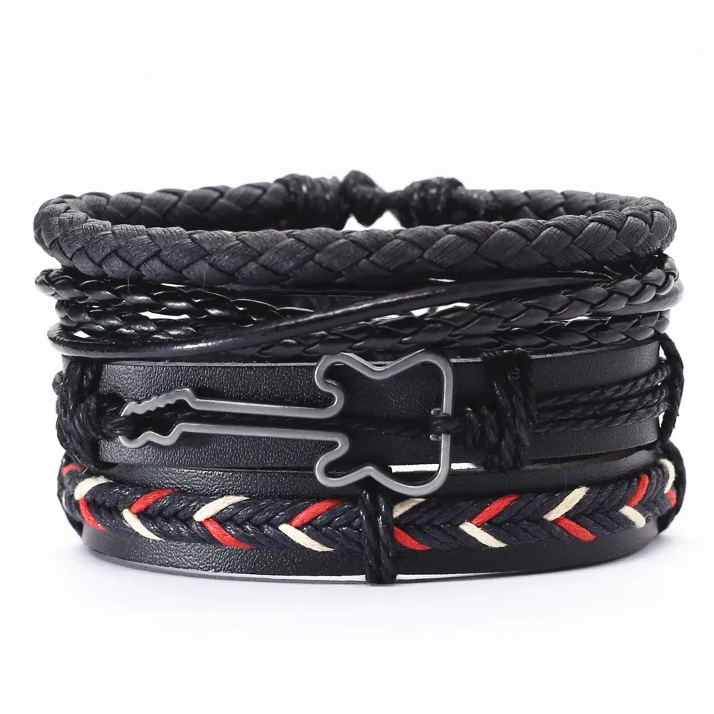 New 4 Pcs/set Guitar Cross Leaf Charm Weave Leather Men Bracelets For Women Homme Femme Male Jewelry free shipping