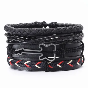 New 4 Pcs/set Guitar Cross Leaf Charm Weave Leather Men Bracelets For Women Homme Femme Male Jewelry free shipping